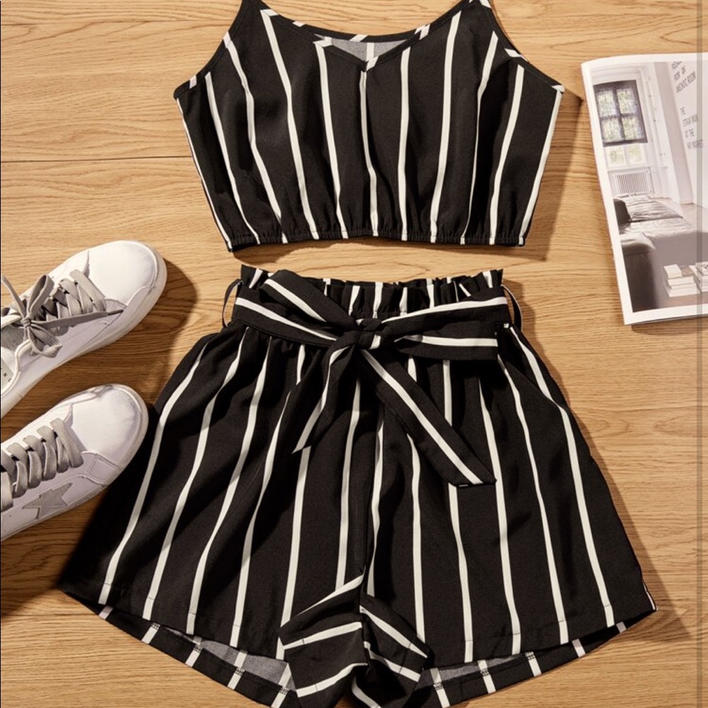 black and white striped shorts with tie